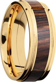 18K Yellow gold 8mm flat band with grooved edges, reverse milgrain detail and an inlay of Natcoco hardwood