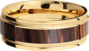 18K Yellow gold 8mm flat band with grooved edges, reverse milgrain detail and an inlay of Natcoco hardwood