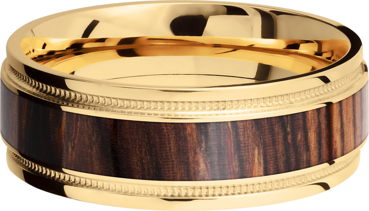 18K Yellow gold 8mm flat band with grooved edges, reverse milgrain detail and an inlay of Natcoco hardwood