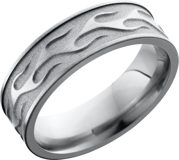 Titanium 7mm flat band with a laser-carved contour flame