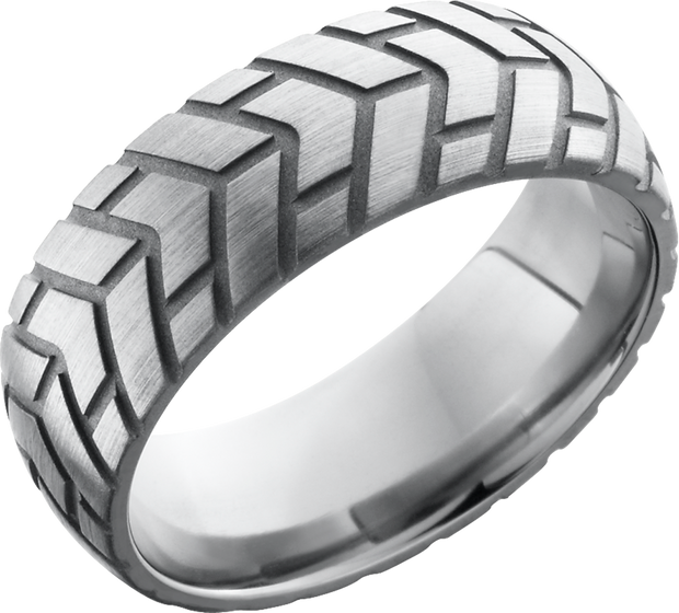 Titanium 8mm domed band with a laser-carved cycle pattern