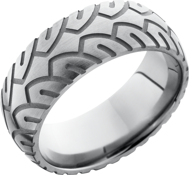 Titanium 8mm domed band with a laser-carved cycle pattern