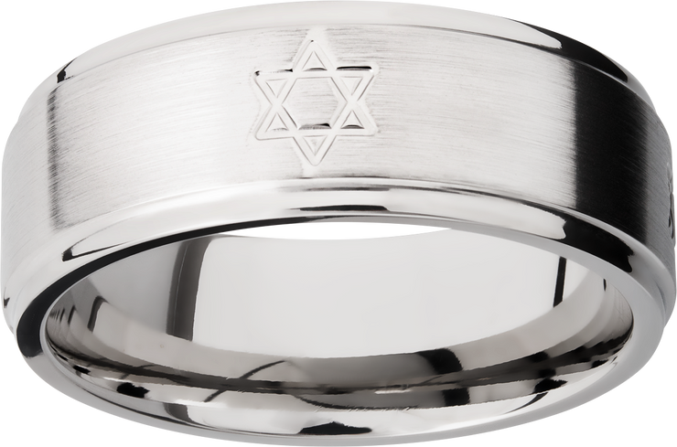 Titanium 8mm flat band with grooved edges and a laser-carved star pattern