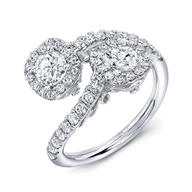 Uneek Fiorire Two-Stone Diamond Ring with Cushion Halos and Pave Shank