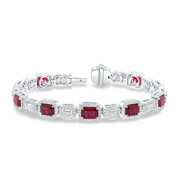 Uneek Precious Collection Halo Emerald Cut Ruby Tennis Bracelet