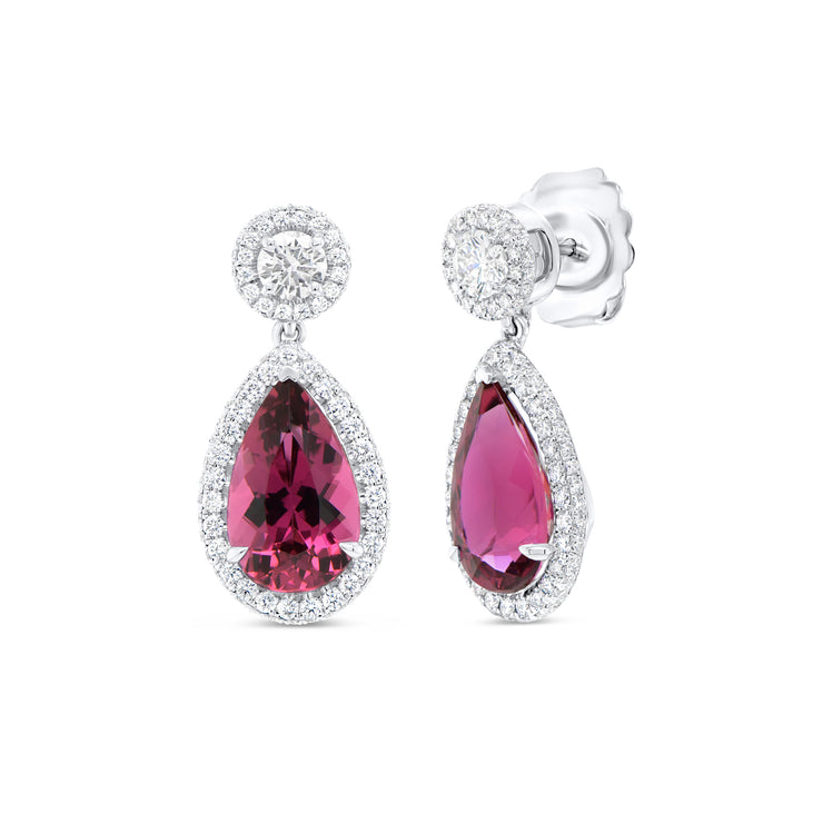 Uneek Precious Collection Halo Cushion Cut Rubellite Dangle Earrings