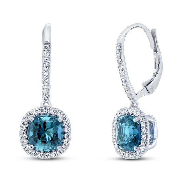 Uneek Precious Collection Halo Cushion Cut Indicolite Tourmaline Drop Earrings