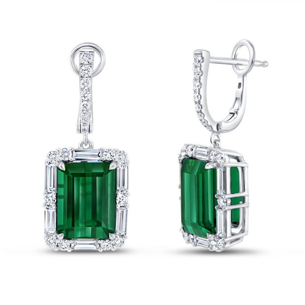 Uneek Precious Collection Halo Emerald Cut Green Tourmaline Dangle Earrings