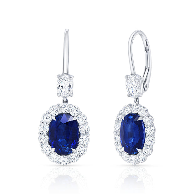 Uneek Precious Collection Halo Oval Shaped Blue Sapphire Dangle Earrings