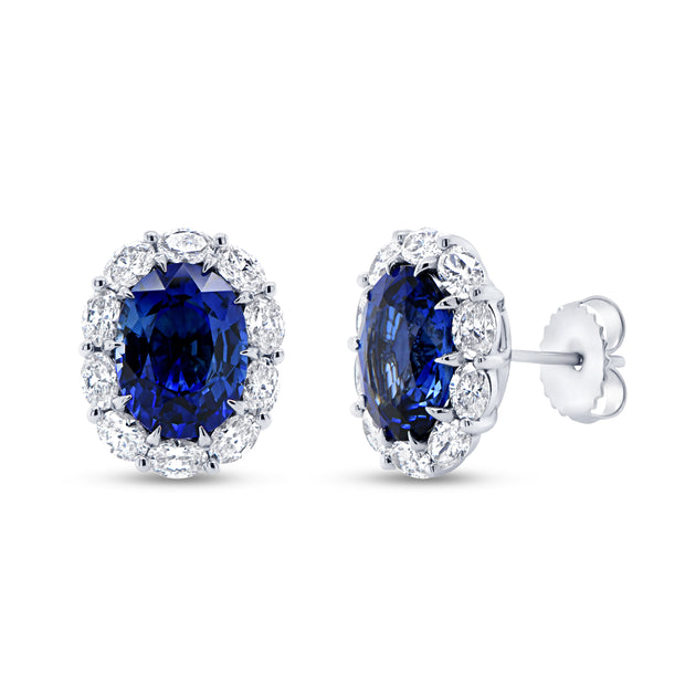 Uneek Precious Collection Halo Oval Shaped Blue Sapphire Stud Earrings