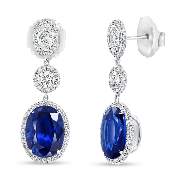 Uneek Precious Collection Halo Oval Shaped Blue Sapphire Dangle Earrings