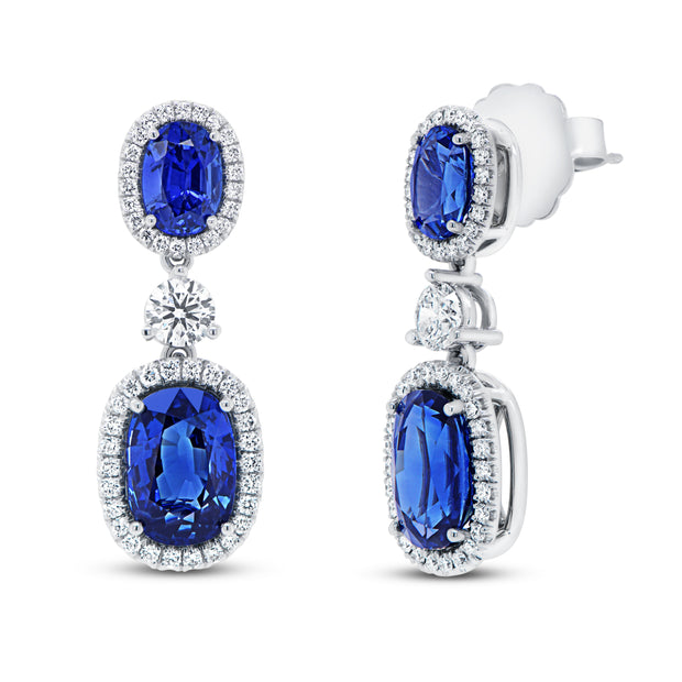 Uneek Precious Collection Halo Oval Shaped Blue Sapphire Drop Earrings