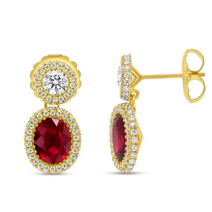 Uneek Precious Collection Halo Oval Shaped Ruby Dangle Earrings