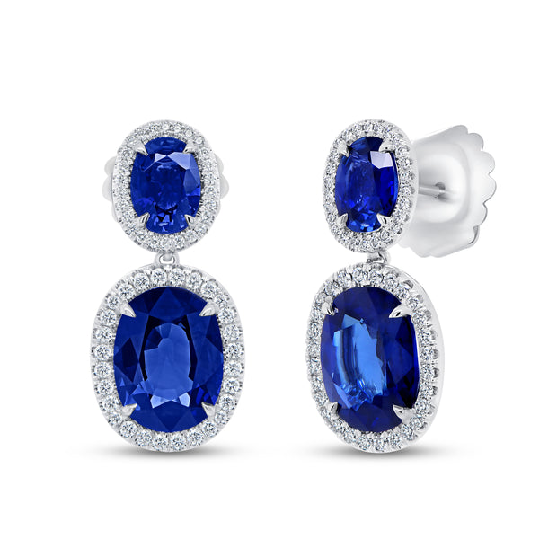 Uneek Precious Collection Halo Oval Shaped Blue Sapphire Dangle Earrings