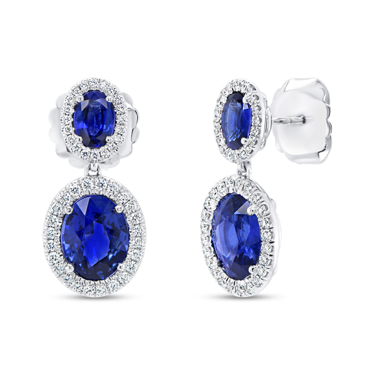 Uneek Precious Collection Halo Oval Shaped Blue Sapphire Dangle Earrings