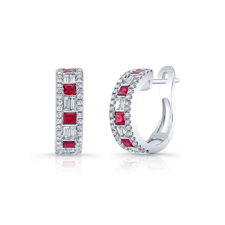 Uneek Precious Collection Princess Cut Ruby Huggie Earrings