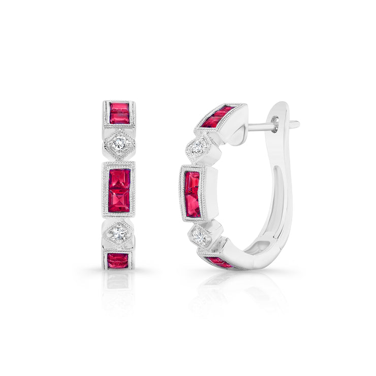 Uneek Precious Collection Princess Cut Ruby Huggie Earrings