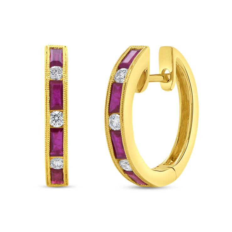 Uneek Precious Collection Baguette Ruby Huggie Earrings