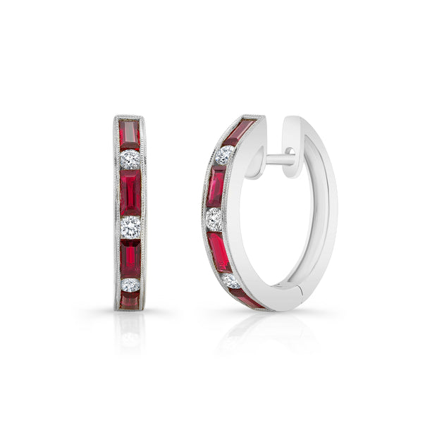 Uneek Precious Collection Baguette Ruby Huggie Earrings