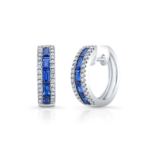 Uneek Precious Collection Baguette Blue Sapphire Huggie Earrings