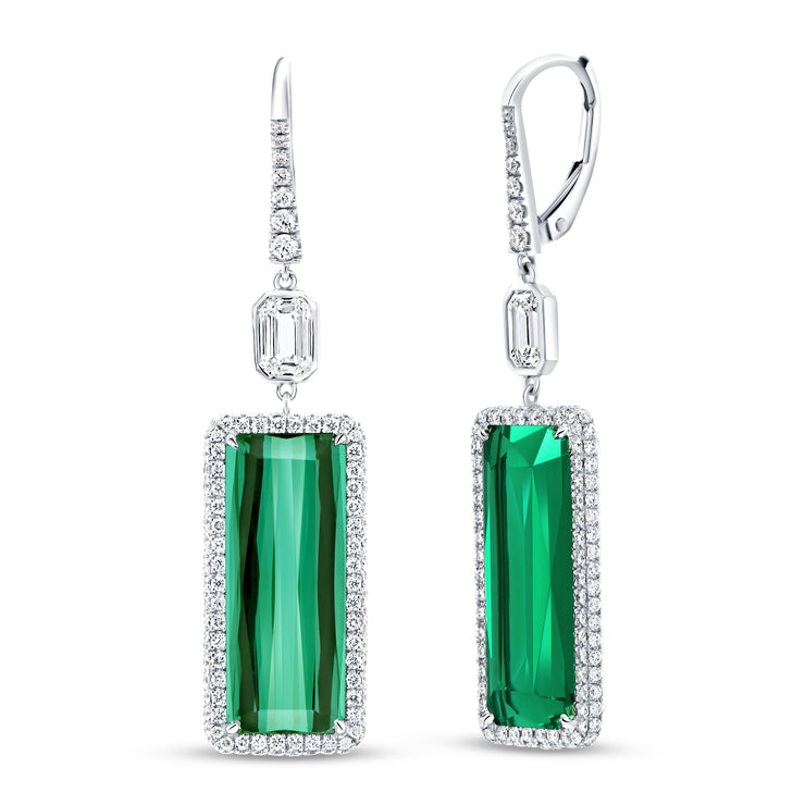 Uneek Precious Collection Halo Emerald Cut Green Tourmaline Dangle Earrings