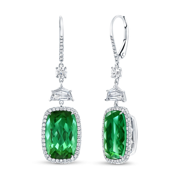 Uneek Precious Collection Halo Emerald Cut Green Tourmaline Dangle Earrings