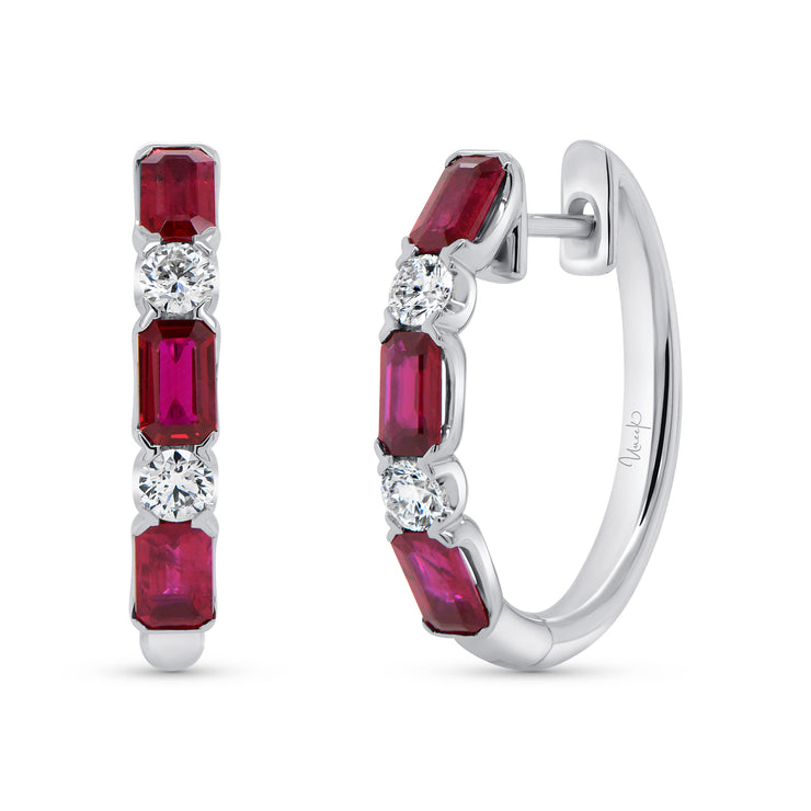 Uneek Precious Collection Emerald Cut Ruby Huggie Earrings