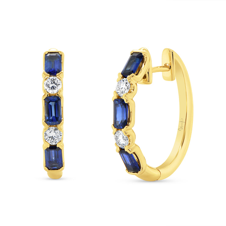 Uneek Precious Collection Emerald Cut Blue Sapphire Huggie Earrings