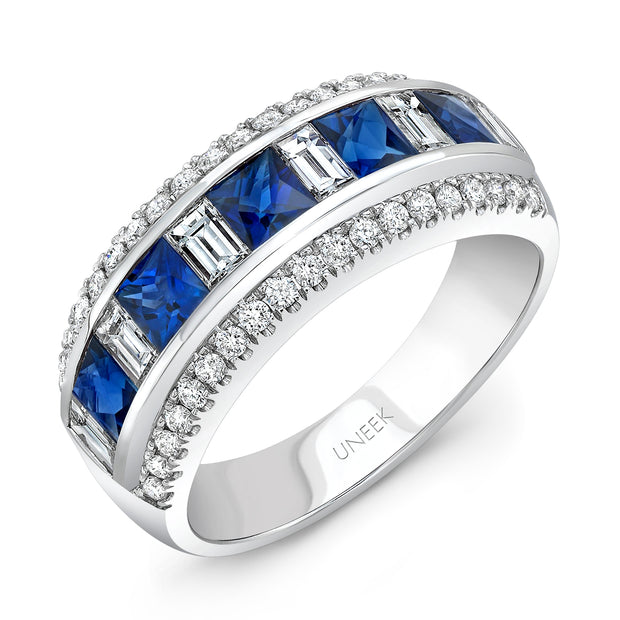 Uneek Princess-Cut Blue Sapphire Band with Baguette Diamond Accents