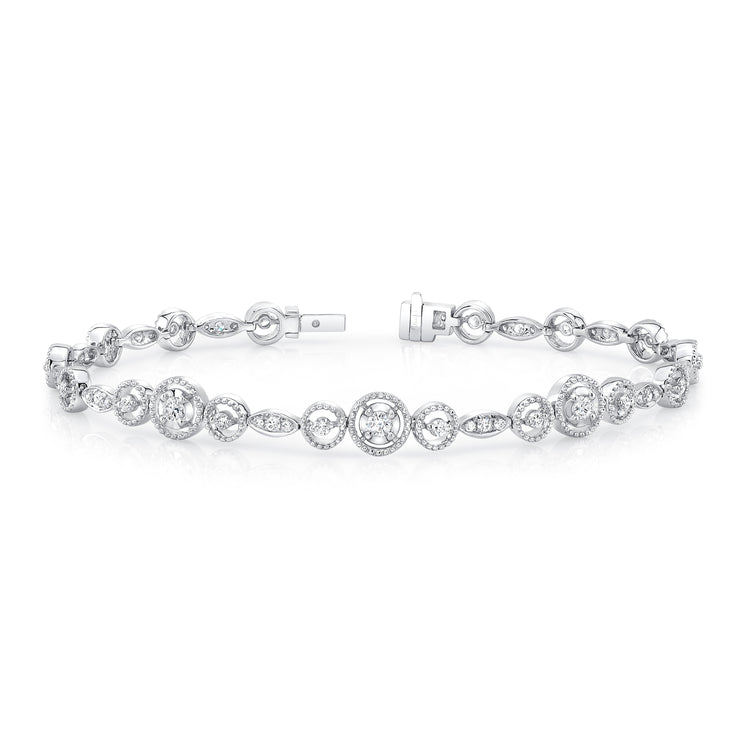 Uneek Round Diamond Bracelet with Mixed-Size Round Bead Milgrain Floating Halo Details and Navette-Shaped Accent Clusters