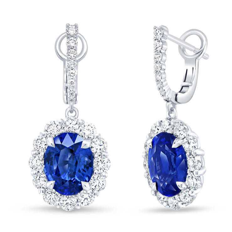 Uneek Precious Collection Halo Oval Shaped Blue Sapphire Dangle Earrings