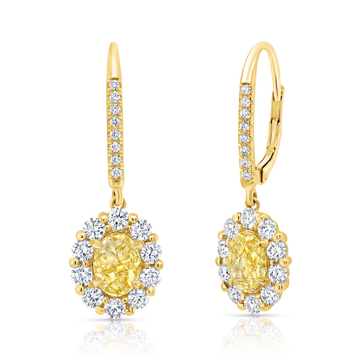 Uneek Natureal Collection Halo Oval Shaped Yellow Diamond Dangle Earrings