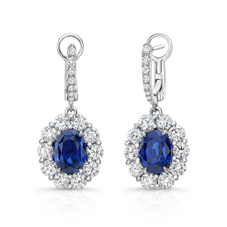 Uneek Oval Blue Sapphire Dangle Earrings with Scallop-Illusion Diamond Halos