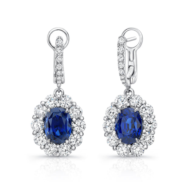 Uneek Oval Blue Sapphire Dangle Earrings with Scallop-Illusion Diamond Halos