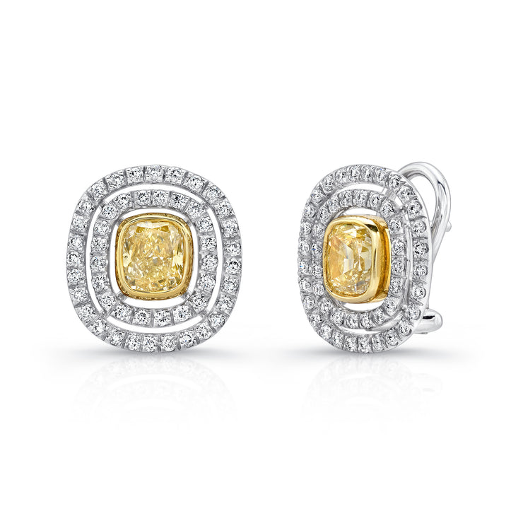 Uneek Cushion Yellow Diamond Double Halo French-Back Earrings