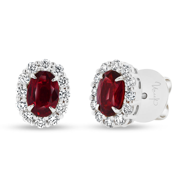 Uneek Precious Collection Halo Oval Shaped Ruby Stud Earrings