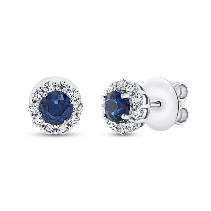 Uneek Precious Collection Halo Round Blue Sapphire Stud Earrings