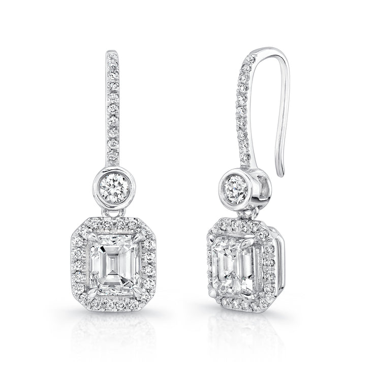 Uneek Emerald-Cut Diamond Drop Earrings with Bezel-Set Round Diamonds