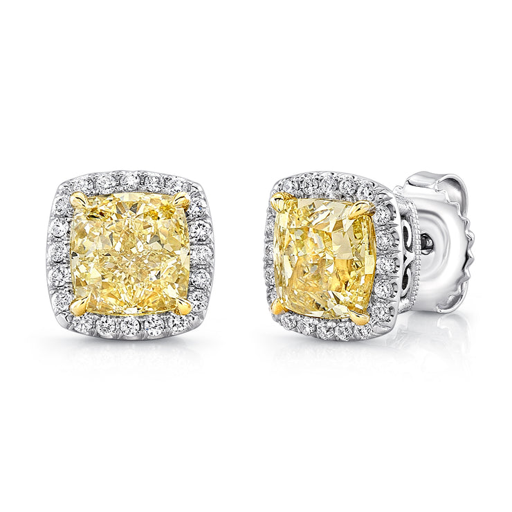 Uneek Cushion Yellow Diamond Halo Stud Earrings