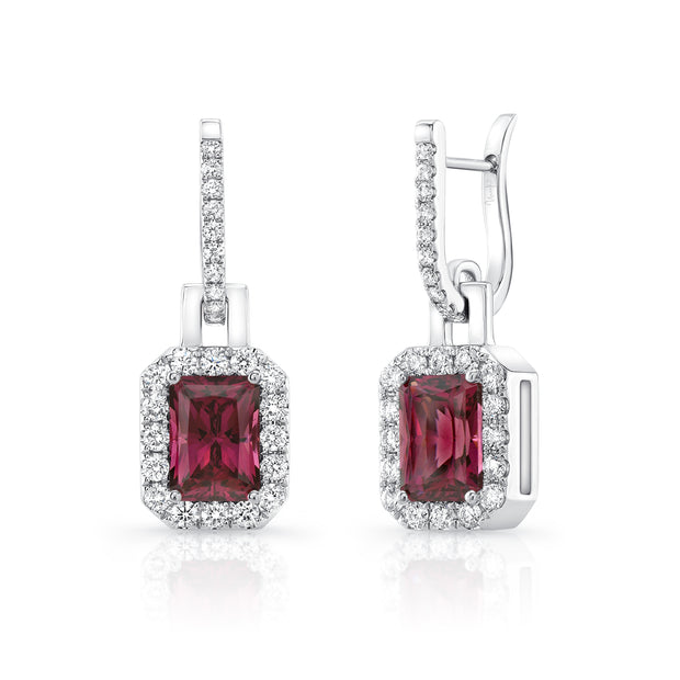 Uneek Precious Collection Halo Emerald Cut Rhodolite Dangle Earrings