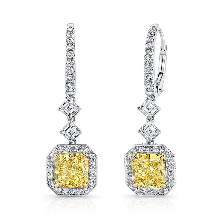 Uneek Radiant-Cut Fancy Light Yellow Dangle Earrings with Tilted Asscher-Cut Accent White Diamonds