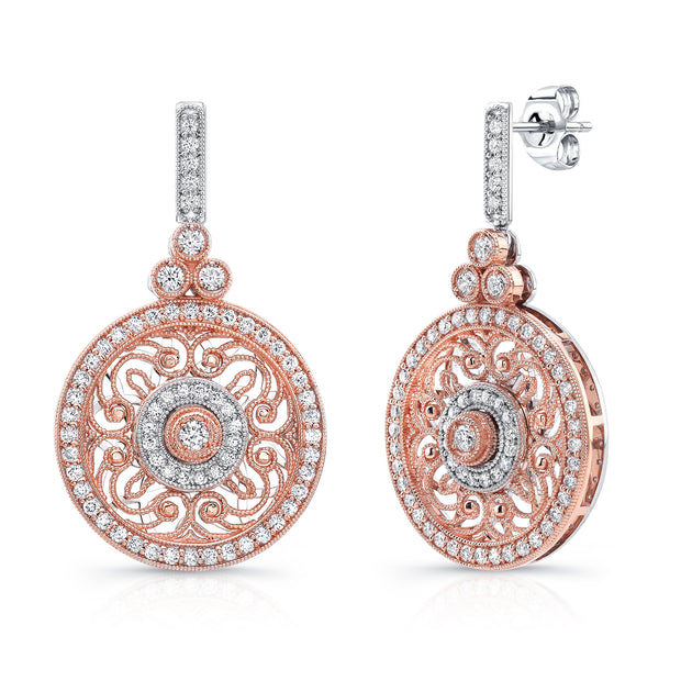 Uneek Vintage-Inspired Round Filigree Diamond Dangle Earrings