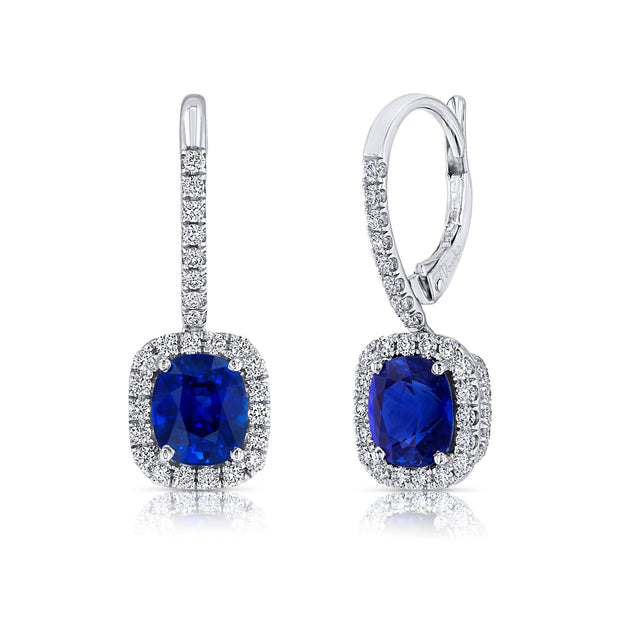 Uneek Precious Collection Halo Cushion Cut Blue Sapphire Dangle Earrings