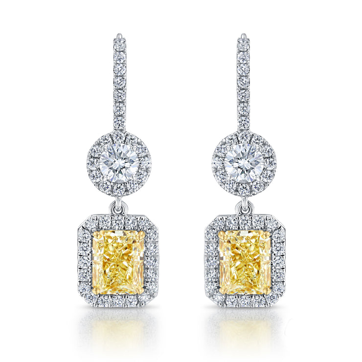 Uneek Radiant Fancy Yellow Diamond Dangle Earrings with Accent Round Diamonds