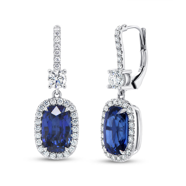 Uneek Precious Collection Halo Cushion Cut Blue Sapphire Dangle Earrings