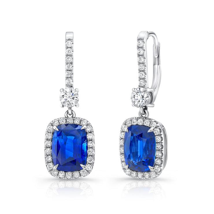 Uneek Cushion-Cut Blue Sapphire Dangle Earrings with Smaller Sapphire Accents