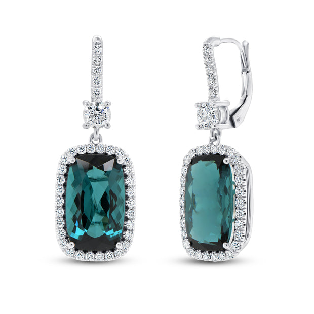 Uneek Precious Collection Halo Cushion Cut Indicolite Tourmaline Dangle Earrings