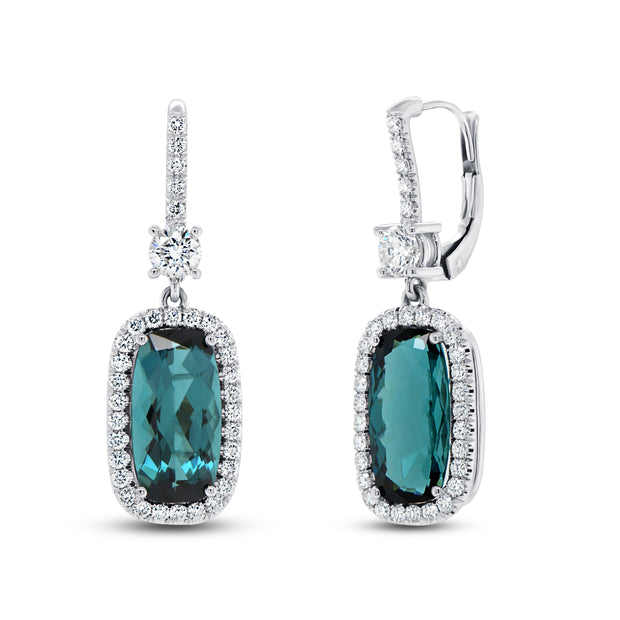 Uneek Precious Collection Halo Cushion Cut Indicolite Tourmaline Dangle Earrings