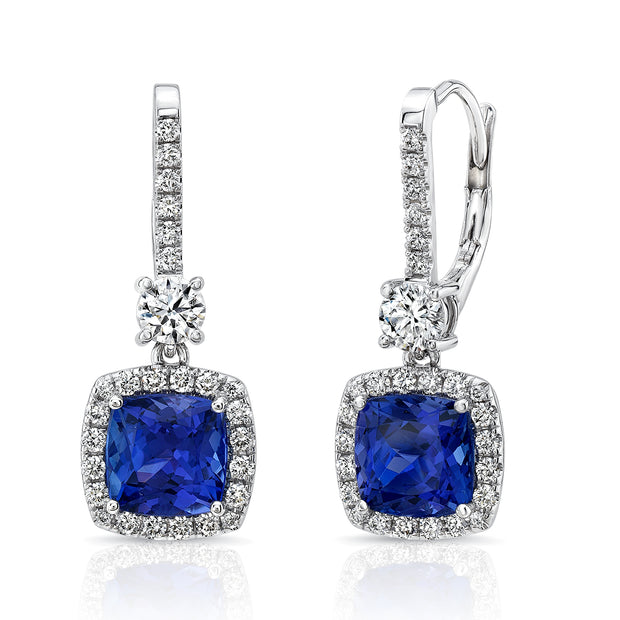 Uneek Precious Collection Halo Cushion Cut Tanzanite Dangle Earrings