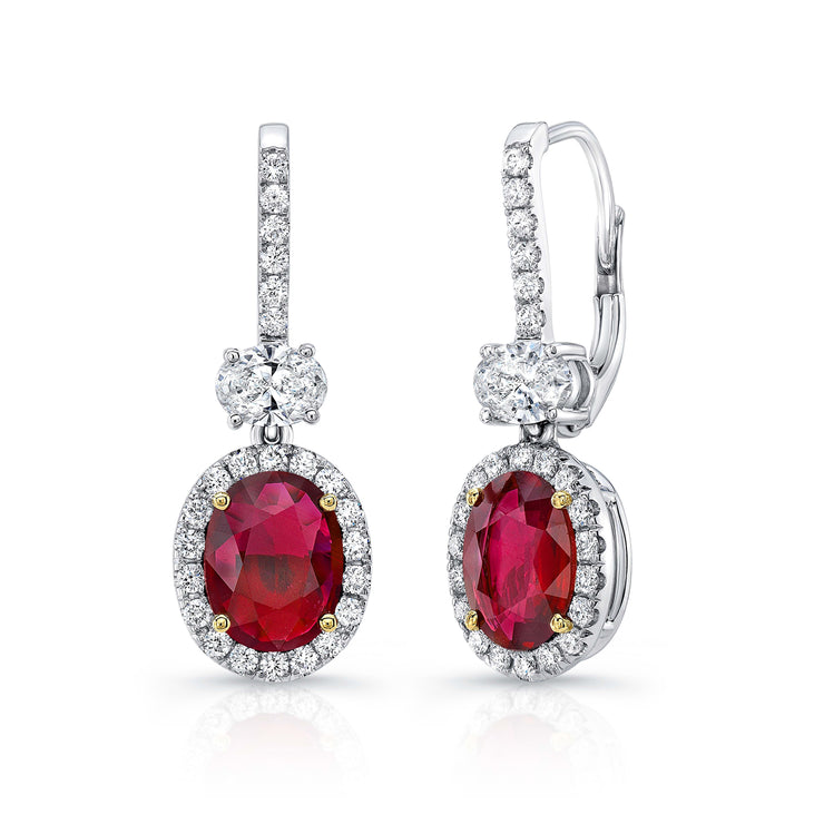 Uneek Precious Collection Halo Oval Shaped Ruby Dangle Earrings